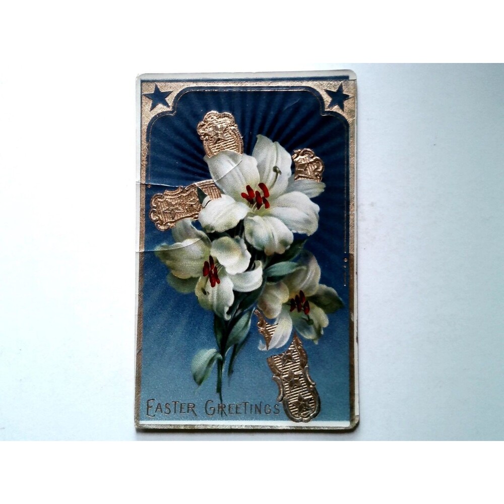 1913 Embossed Easter Greetings Postcard Lilies Gold Cross German Postmark GEL